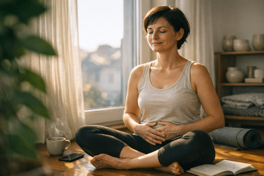 Nő autogén tréning közben, keresztben ülve az ablaknál