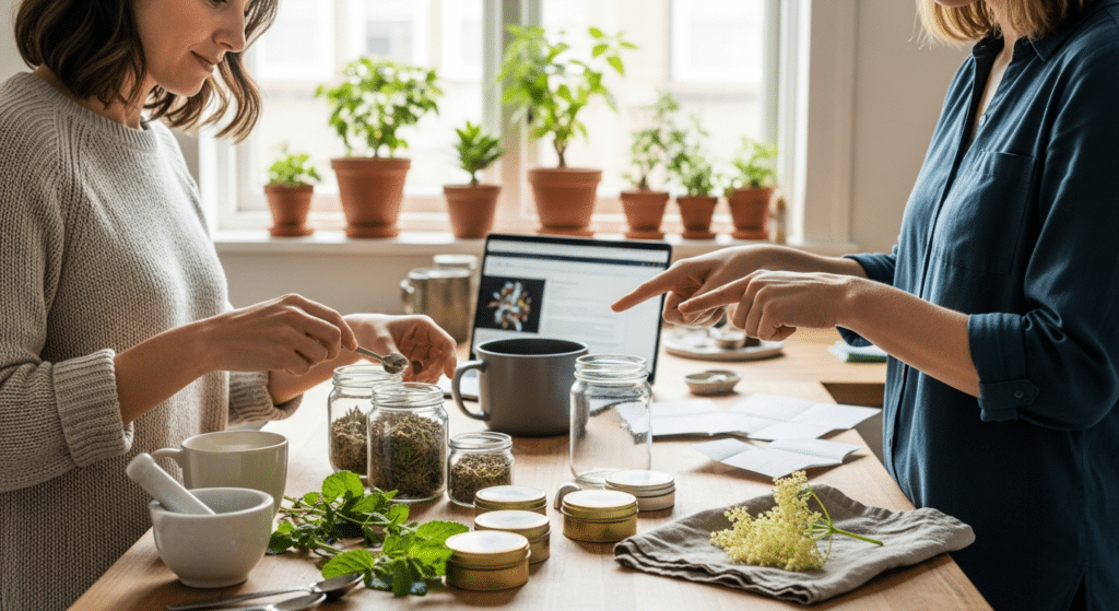 Nő készít gyógynövényes teát premenstruációs szindróma támogatására