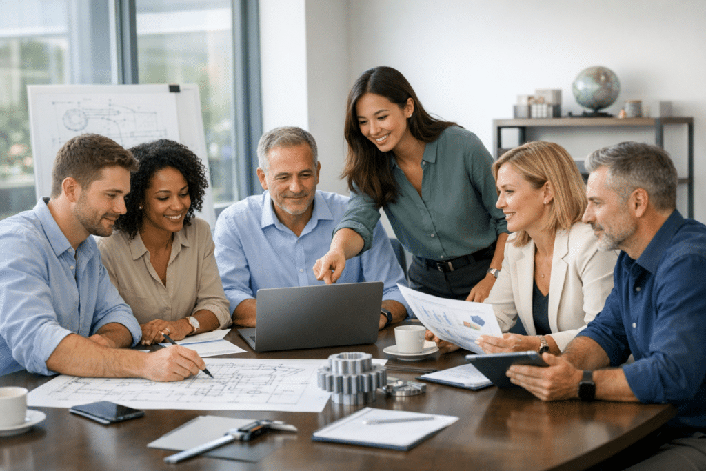 Szellemi munkalehetőségek: szakemberek együtt dolgoznak modern irodában.