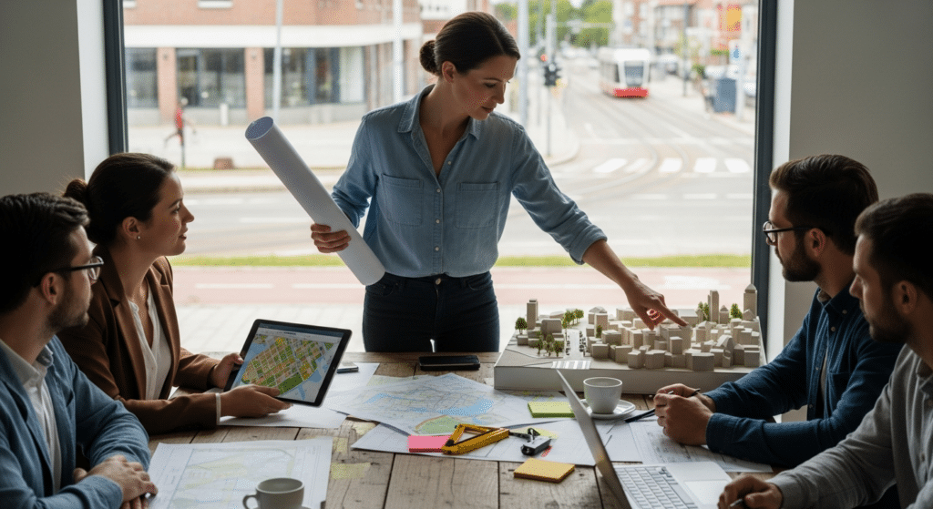 Településfejlesztés munkamegbeszélés: női urbanista mutat városmakettet