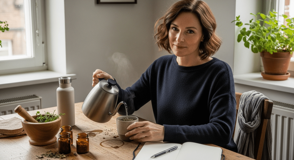 Középkorú nő gyógynövényes teát készít a hormonális egyensúly helyreállítása érdekében.