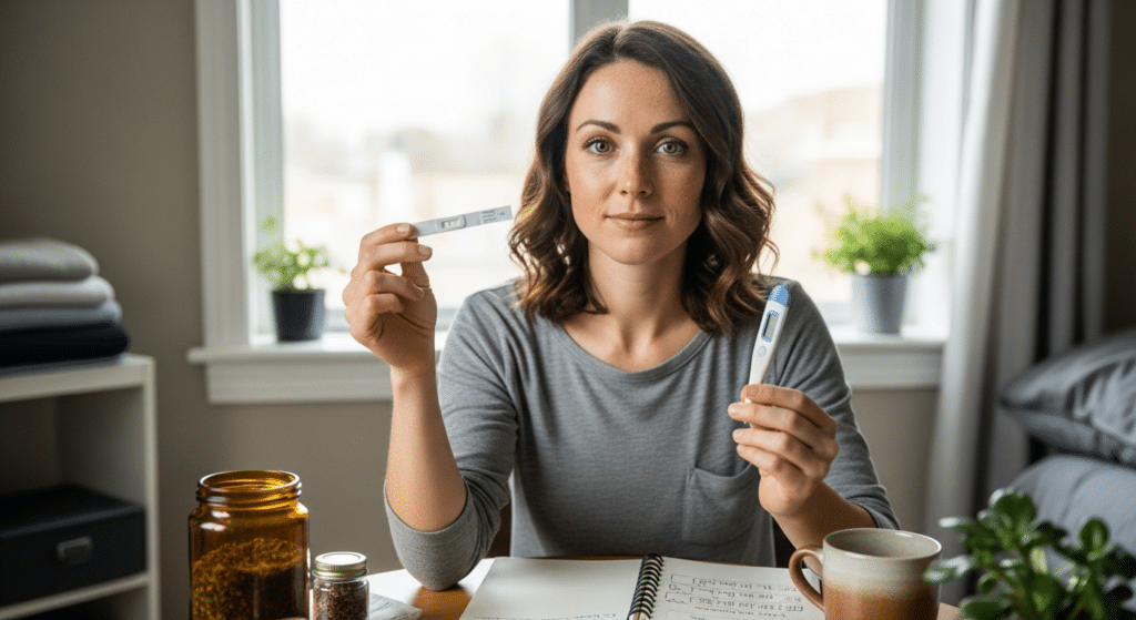 Nő az ablaknál ovuláció teszttel, hőmérővel és ciklusjegyzettel