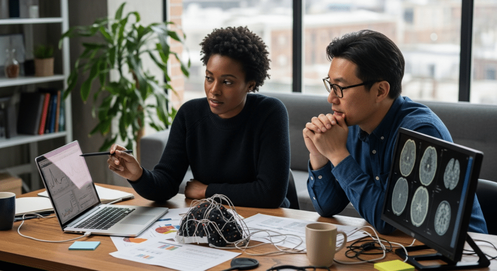 Két kutató laptopnál elemzi pszichológiai kutatások anonimizált adatait