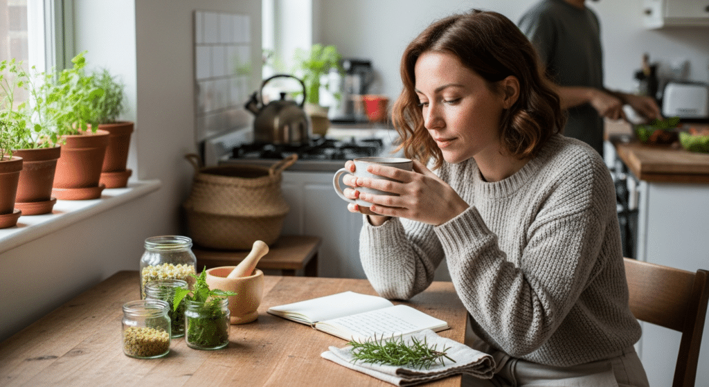 Gondoskodó nő gyógynövényes teával a babatervezésben — természetes támogatás