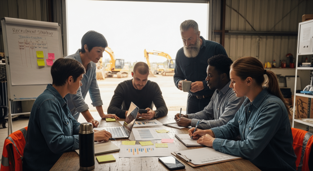 Csapat áttekinti toborzási stratégiai esettanulmányok anyagát ipari irodában