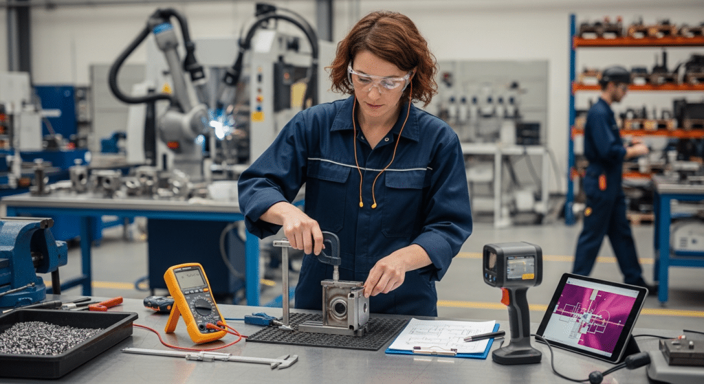 Mérnök a vizsgálatok előkészítése közben precíz próbadarab rögzítésével