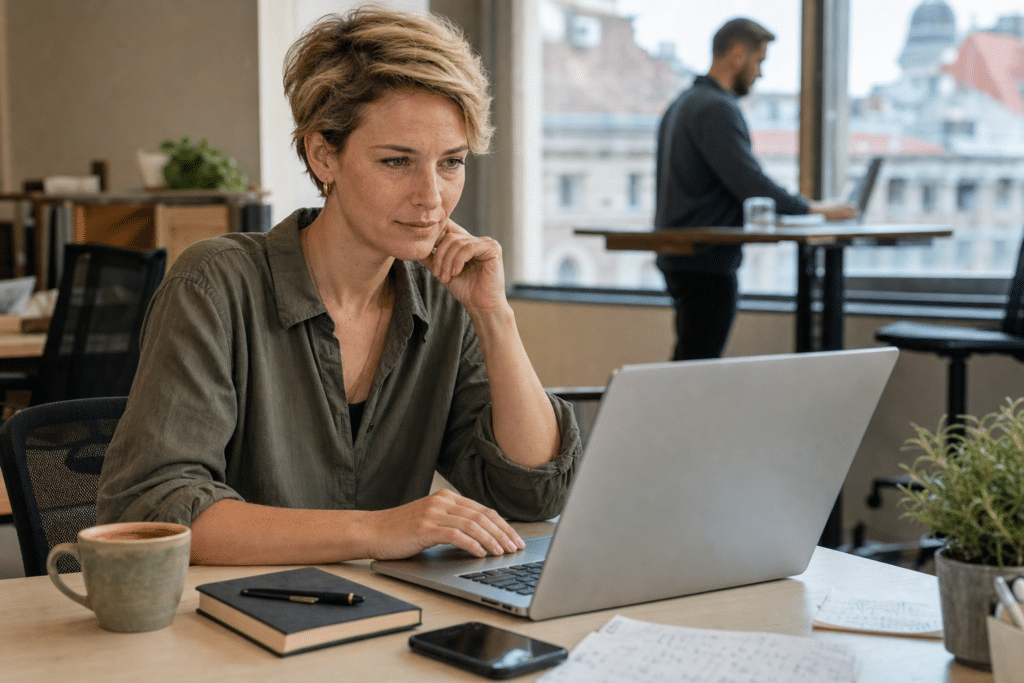 Nő coworking irodában kutatja a mixim.hu domain értékét