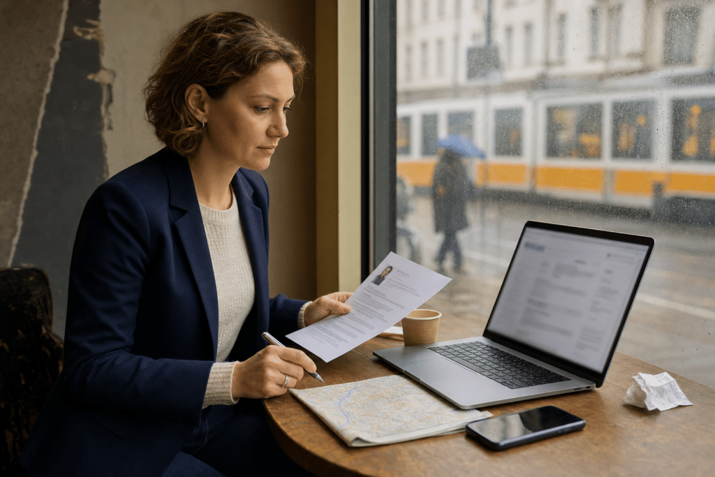 Nő budapesti kávézóban laptopnál, önéletrajz és munkalehetőségek keresése